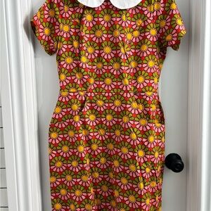 NWT Unique Vintage Pink and Yellow Floral Mini Dress with White Collar